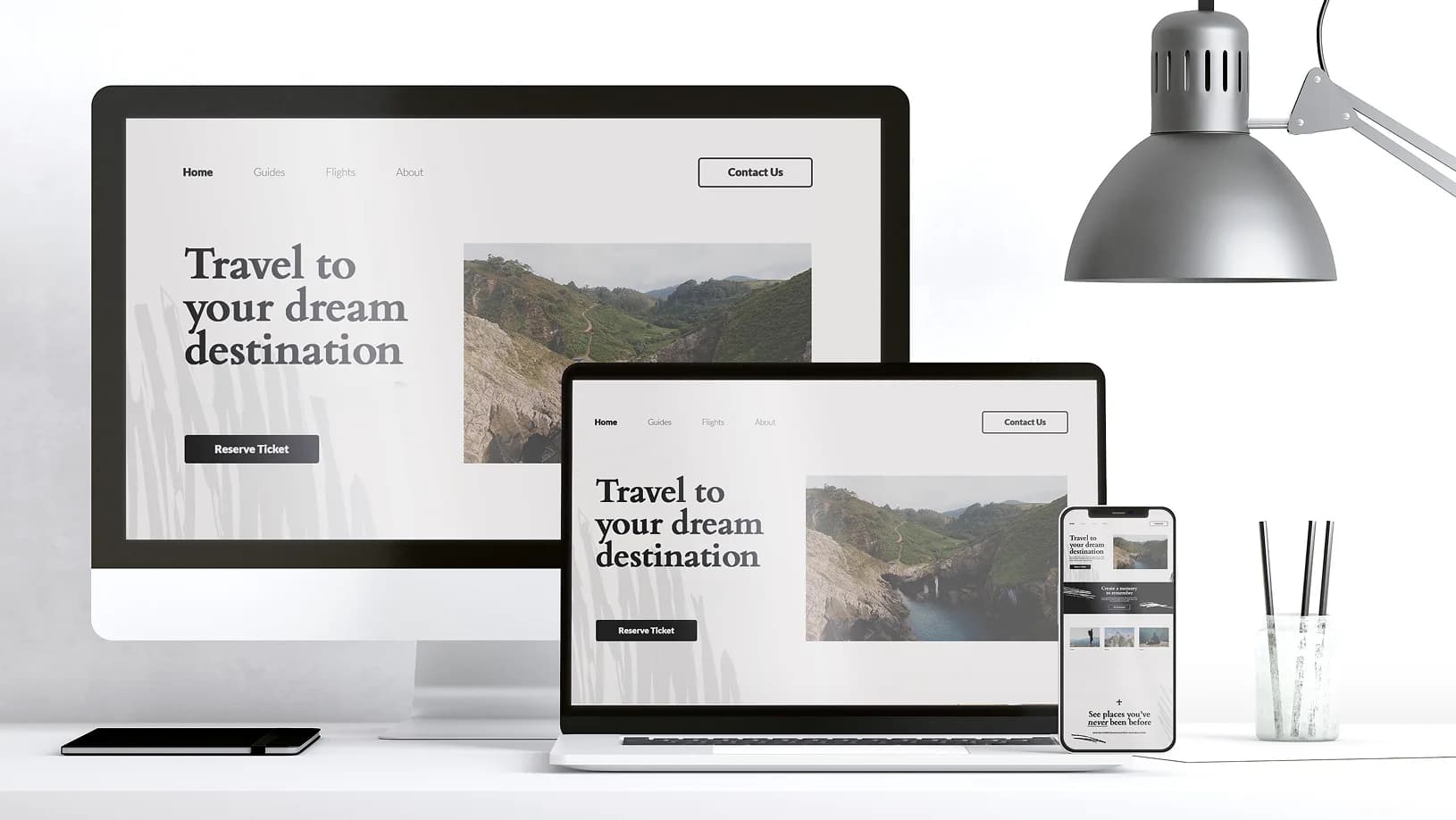 Responsive website design displayed on desktop, laptop, and mobile devices showcasing fast and reliable web hosting